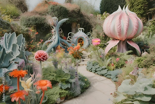 A tranquil garden blooming with fantastical flowers and inhabited by whimsical creatures photo