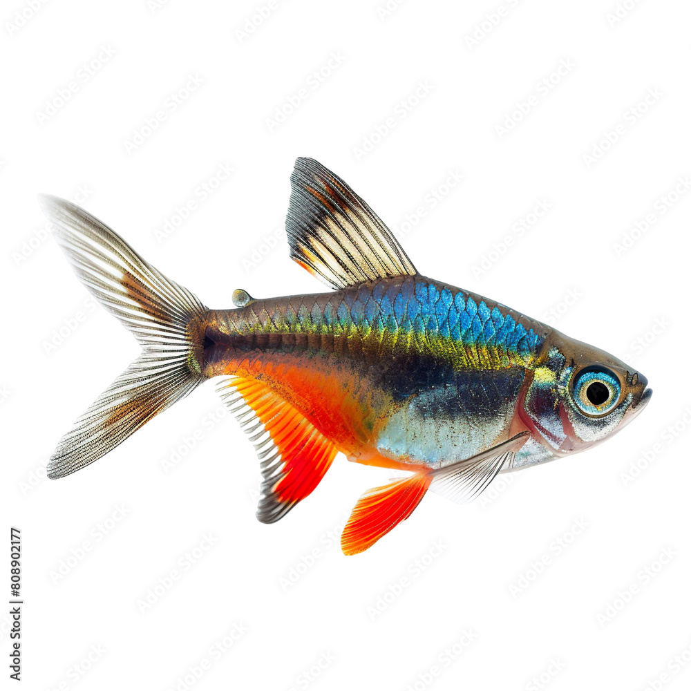 Side view of a cardinal tetra swimming isolated on a white background