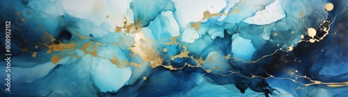 Elegant panoramic abstract art featuring fluid shapes in blue and gold  creating a luxurious and dynamic backdrop perfect for banners  wallpapers  or creative project backgrounds