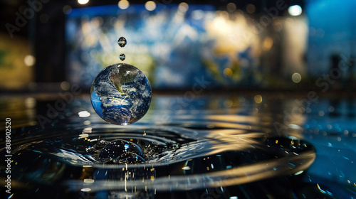 Glass Earth Sculpture Capturing Water Droplets in Motion, Symbolizing Environmental Awareness, Displayed in a Modern Art Installation