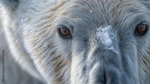 Close-Up of a Polar Bear's Face with Snow Flakes, Highlighting Its Intense Brown Eyes and Textured White Fur
