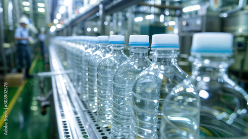 A Worker Inspecting Transparent Water Bottles with White and Blue Caps on a Conveyor Belt in an Industrial Factory