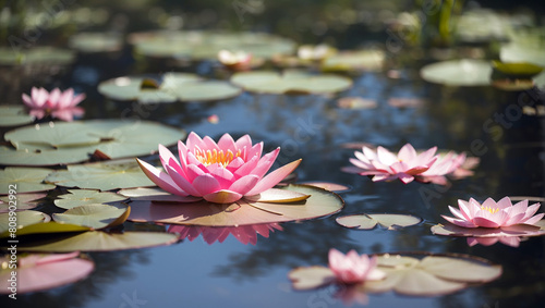 A pink water lily is floating on the surface of a pond surrounded by lily pads.  