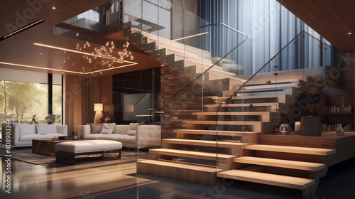 a contemporary interior design element featuring glass fencing and wooden stairs.