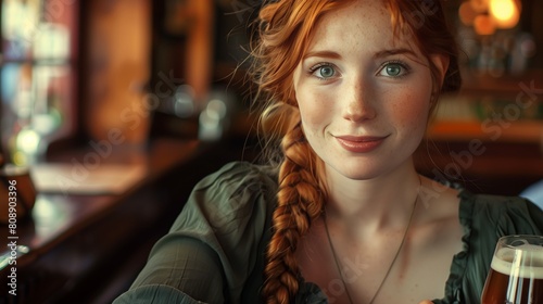 Beautiful redhead girl with green eyes sits in an Irish pub, smiling with a pint of beer. photo