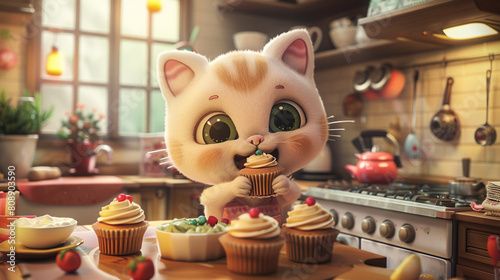 A 3D Kawaii cat baking delicious cupcakes in a cozy kitchen. © AI ARTS