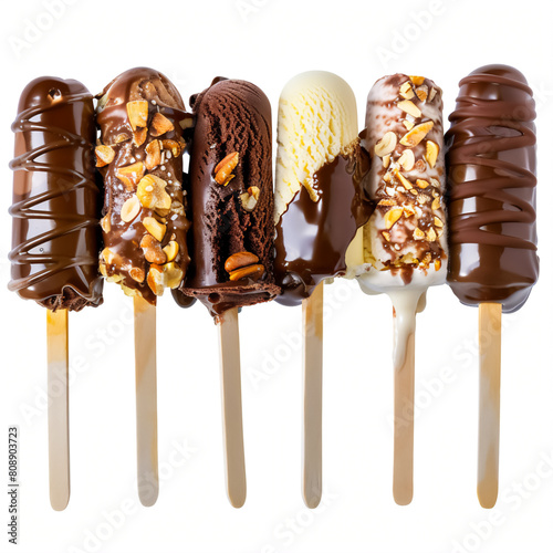 Isolated image of chocolate ice cream with nuts on a white background close up