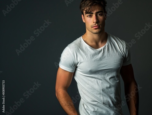 Confident man in white t-shirt. Generative AI. © Tuyres