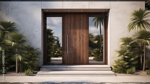 Modern house facade. Main entrance of living building. Door of luxury building with backyard in front.