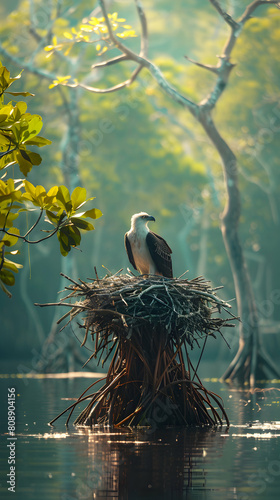 Powerful Fish Eagles Nesting in Mangrove Trees: Illustrating the Crucial Role of Forests as Shelters and Hunting Grounds photo