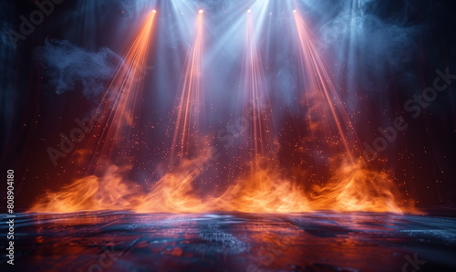Stage Lights  Spotlight Beams with Smoke on Black Background