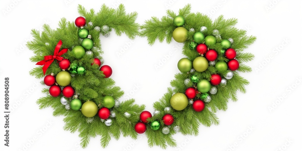 Christmas trees and ball ornaments in border, empty space in center on white background Christmas trees and ball ornaments in border, empty space in center on white background