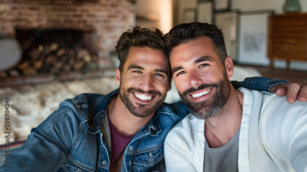 Smiling gay men looking at camera while sitting on floor at home Stock Photo photography