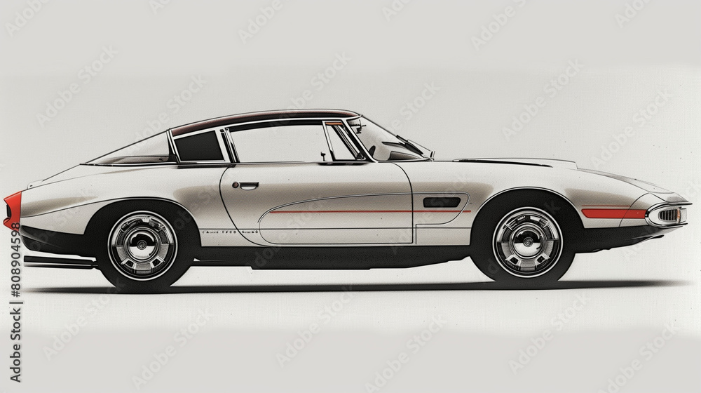 Retro-Futuristic Car in 60s Magazine Ad Style: Side Profile on White Background