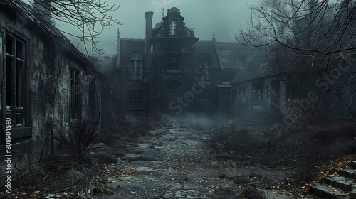 Halloween concept of haunted village dark and foggy scary atmosphere. Generative AI. photo