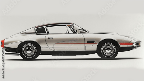Retro-Futuristic Car in 60s Magazine Ad Style: Side Profile on White Background © Tomasz