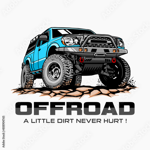 hand-drawn illustration of a blue offroad car with quote text. suitable for posters, logos, stickers, and t-shirts.