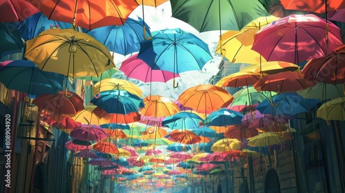 Rows of colorful hanging umbrellas above a street sidewalk with tall trees. Red  yellow  blue  orange  green fabric backlit by sky light