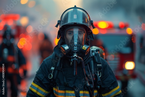 A brave firefighter in full gear stands ready for action with a firetruck and emergency lights in the background