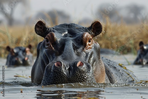 A frontal shot of a curious hippopotamus with only the eyes and ears above water, in its natural habitat
