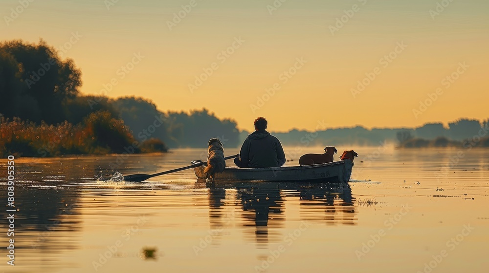 Clear sky, calm lake, a man rowing with three dogs. Generative AI.