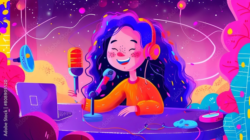 Woman immersed in the world of podcasting with professional tools Woman immersed in the world of podcasting with professional tools