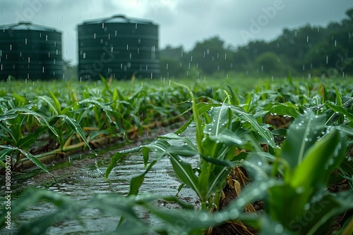Sodden green cornfield with water tanks during a heavy rainstorm, highlighting agricultural endurance