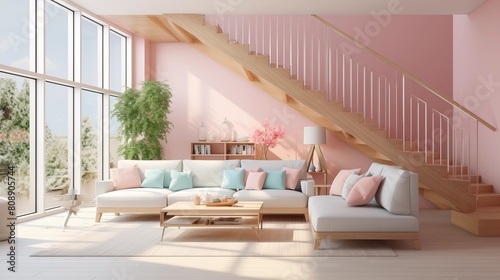 Modern living room with comfortable sofa, pastel colored walls, large windows, stairs to the second floor.