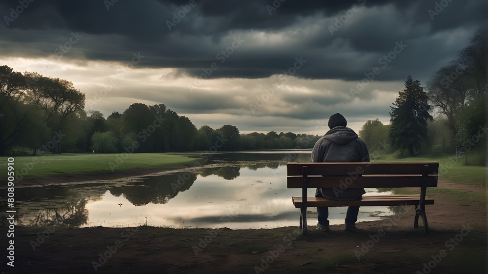 A lone individual is sitting in reflection or melancholy on a wooden park bench in the peace and quiet of an abandoned park beneath a dark, cloudy sky. A lone individual is sitting in reflection or melancholy on a wooden park bench in the peace and quiet of an abandoned park beneath a dark, cloudy sky.