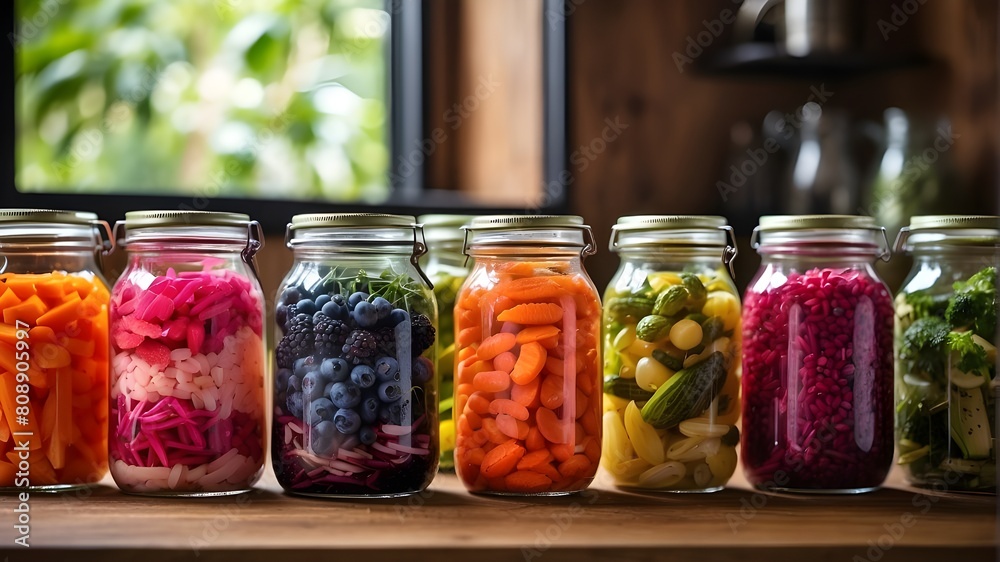 An eye-catching assortment of fermented foods arranged in transparent glass jars, showcasing a rainbow of hues and textures from fruits and vegetables, signifying a diet high in probiotics. An eye-catching assortment of fermented foods arranged in transparent glass jars, showcasing a rainbow of hues and textures from fruits and vegetables, signifying a diet high in probiotics.