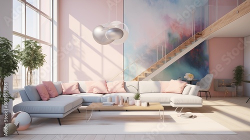 Modern living room with comfortable sofa, pastel colored walls, large windows, stairs to the second floor.