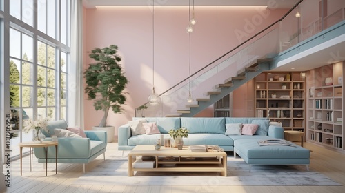 Modern living room with comfortable sofa, pastel colored walls, large windows, stairs to the second floor.