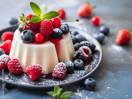 Silky Panna Cotta Dessert Topped with Fresh Berries on a Rustic Plate