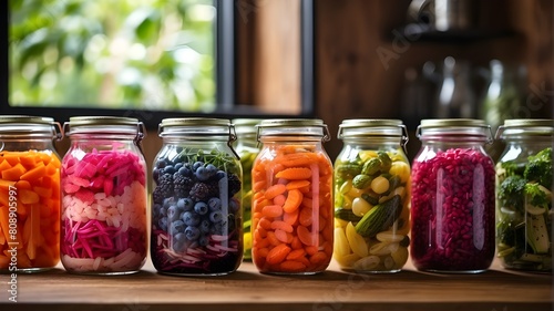 An eye-catching assortment of fermented foods arranged in transparent glass jars, showcasing a rainbow of hues and textures from fruits and vegetables, signifying a diet high in probiotics.