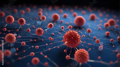 The medical approach to immunotherapy, showing viruses floating in a tiny perspective. The picture demonstrates the idea of fighting diseases, especially cancer, with the body's immune system.