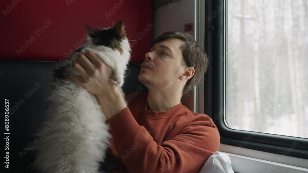 Tender moment captured inside train as young man in an orange sweater holds and looks at his fluffy white and brown cat near window. Tender moment captured inside train as young man in an orange sweater holds and looks at his fluffy white and brown cat near window.