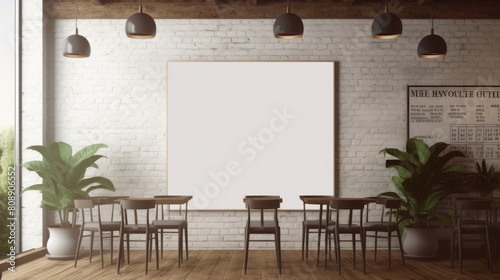 Template mockup blank white area for adverstiment on coffeeshop interior background