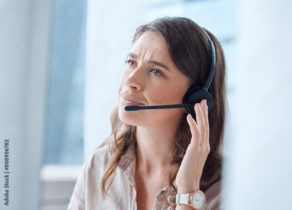 Businesswoman, telemarketing and headset for help and advice at call centre for customer service and communication. Female person or crm in office for virtual assistance with technical issues Businesswoman, telemarketing and headset for help and advice at call centre for customer service and communication. Female person or crm in office for virtual assistance with technical issues