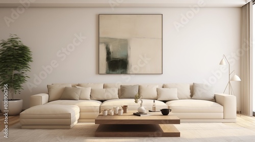 Modern living room with vacant white wall and beige couch.