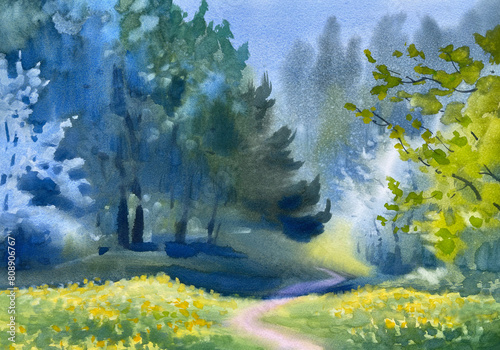 Sunny spring landscape by the forest watercolor background
