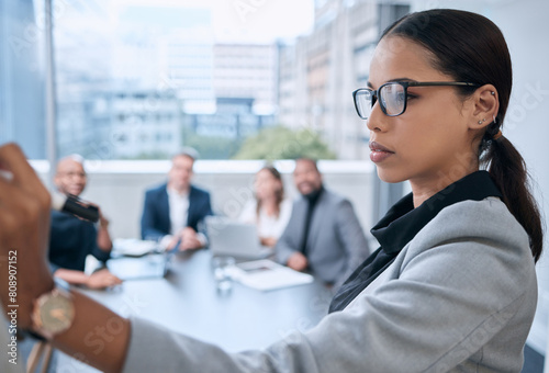 Obraz na plátne Business people, woman and presentation with financial advisor, thinking and corporate professional
