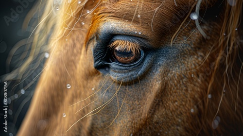 A close-up portrait of a cute horse  showcasing the intricate details of its face in profile. The fluffy pet gazes intently  adding depth to the image