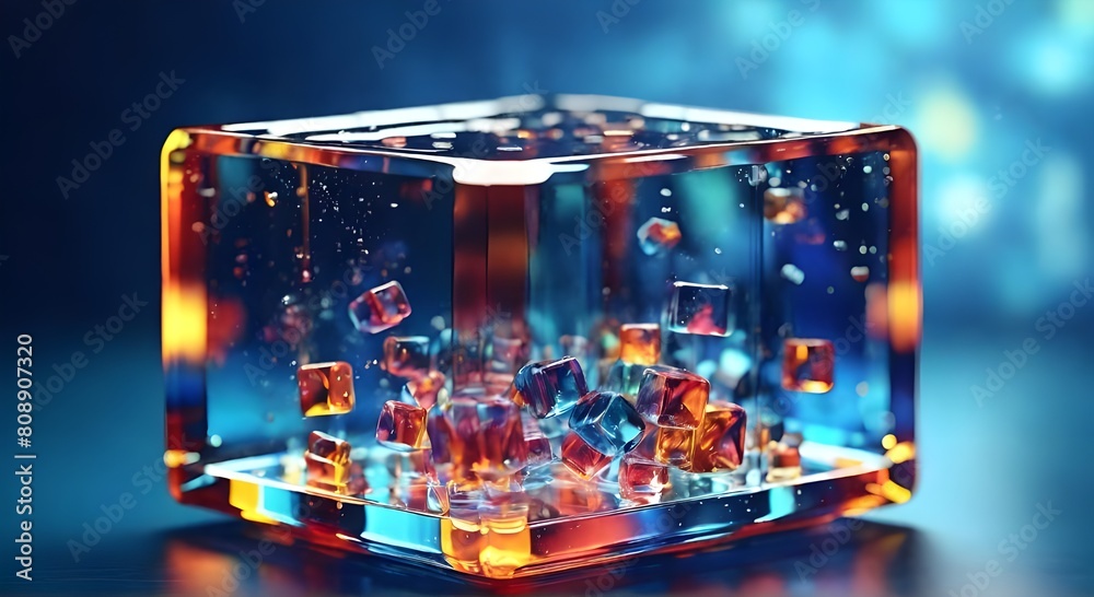 Obraz premium 3d render of colorful glass cube on blue background with bokeh 