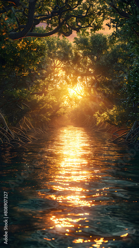 Sunset Glow over Mangrove Forest: A Photorealistic Scene Illuminating Water Channels and Canopy