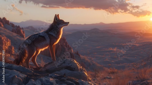 8K wallpaper of a coyote howling at dusk on a rocky ridge, with the surrounding desert bathed in warm twilight colors. photo