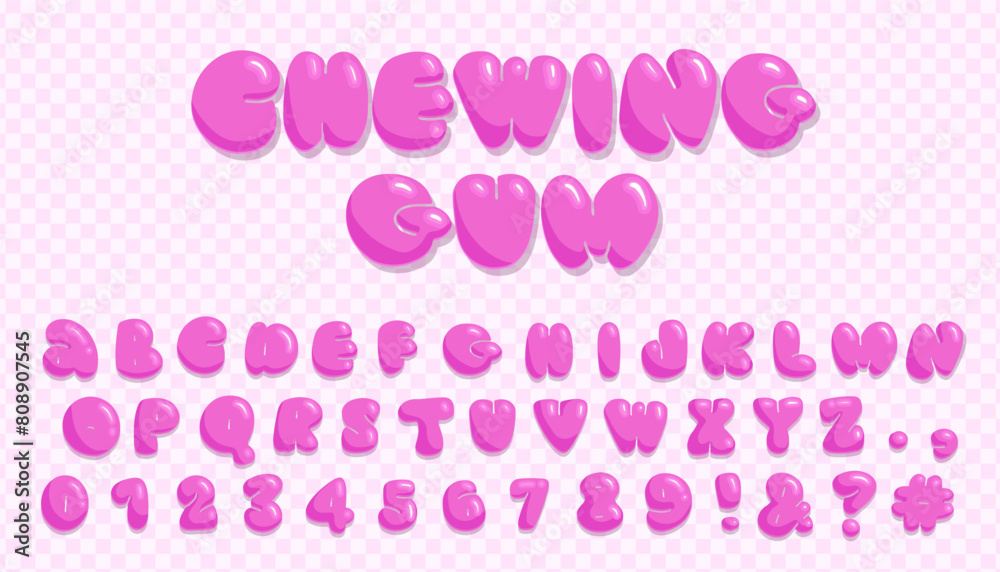 Pink Chewing gum font. Girly sweet latin alphabet, kidcore letters and numbers, cartoon funny chubby abc, childish plump lollipop capitals. Trendy typeface vector cartoon isolated set