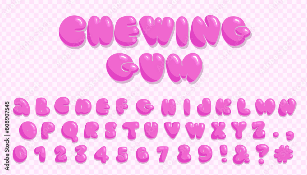 Pink Chewing gum font. Girly sweet latin alphabet, kidcore letters and numbers, cartoon funny chubby abc, childish plump lollipop capitals. Trendy typeface vector cartoon isolated set Pink Chewing gum font. Girly sweet latin alphabet, kidcore letters and numbers, cartoon funny chubby abc, childish plump lollipop capitals. Trendy typeface vector cartoon isolated set