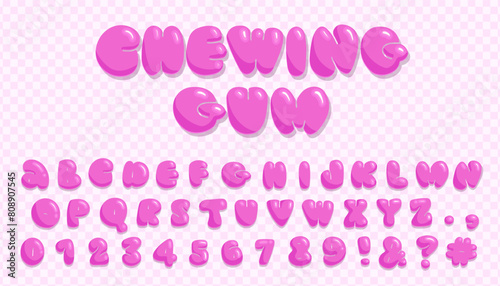Pink Chewing gum font. Girly sweet latin alphabet, kidcore letters and numbers, cartoon funny chubby abc, childish plump lollipop capitals. Trendy typeface vector cartoon isolated set