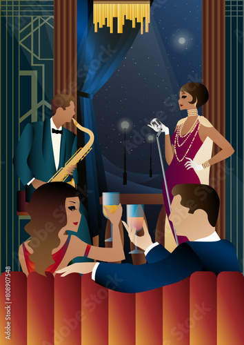 Jazz musicians and singer on a universal background. Double bass, saxophone, drum. Musicians play musical instruments