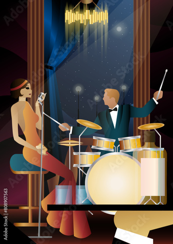 Jazz musicians and singer on a universal background. Double bass, saxophone, drum. Musicians play musical instruments